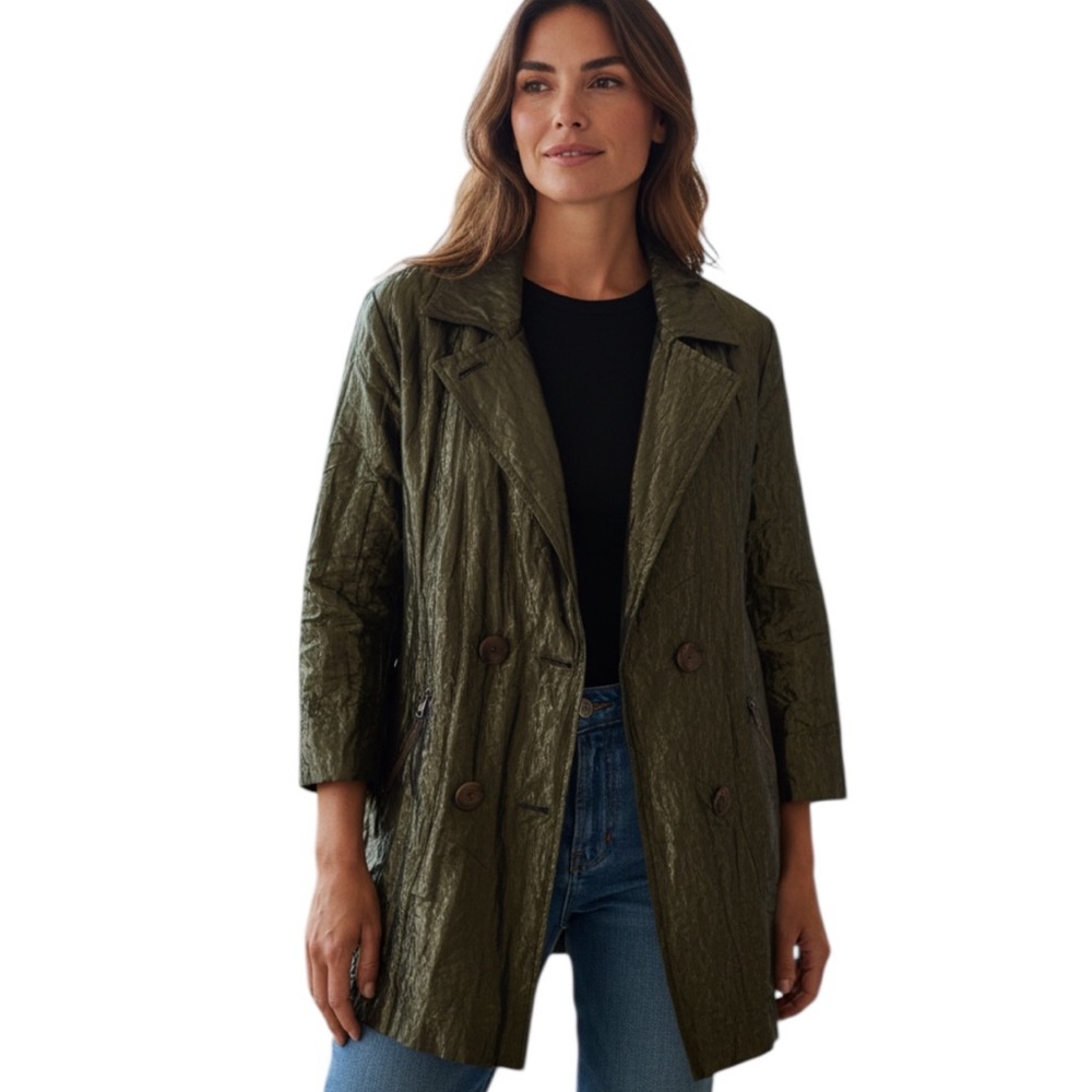 Vintage Carlisle Metallic Crinkled Double Breasted Green 3/4 Sleeve Pea Coat 8